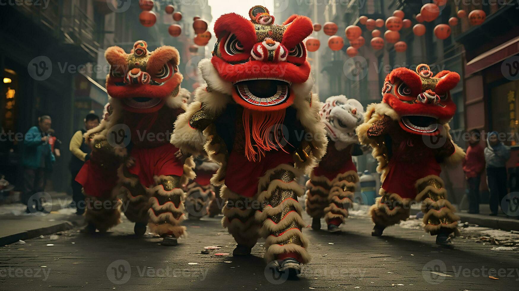 ai generado un grupo de chino león bailarines realizar en un calle. Dongzhi festival. generativo ai foto