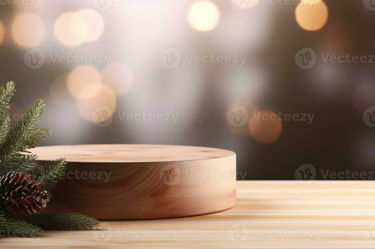 AI generated Christmas theme wooden podium pedestal or platform background with bokeh light and pine tree photo