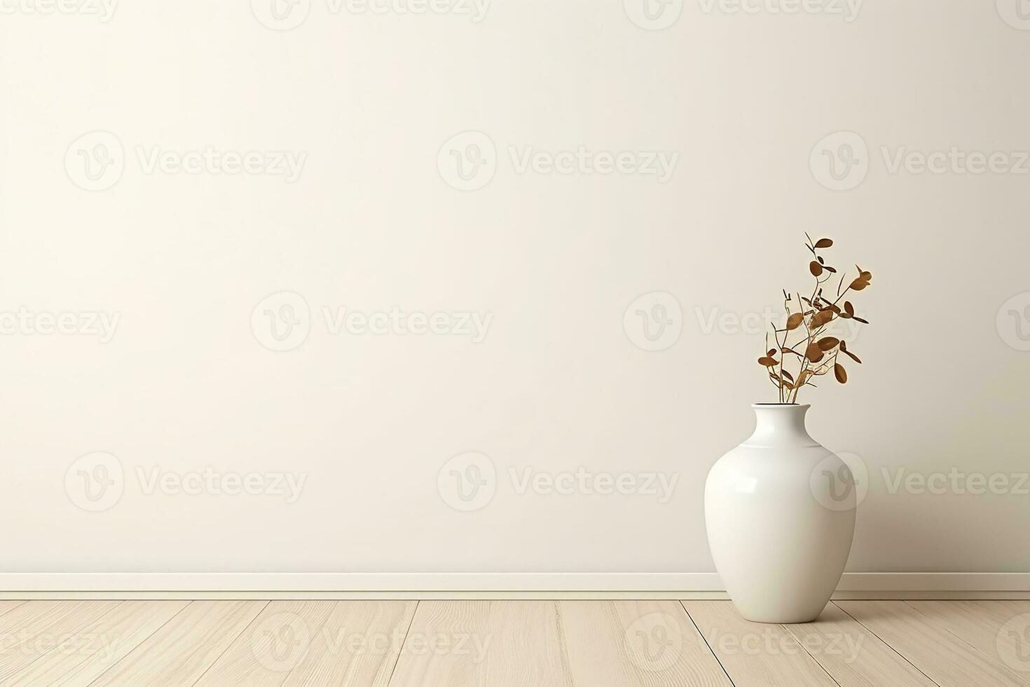 AI generated Empty white room with a wooden floor and plants. minimal with copy space photo