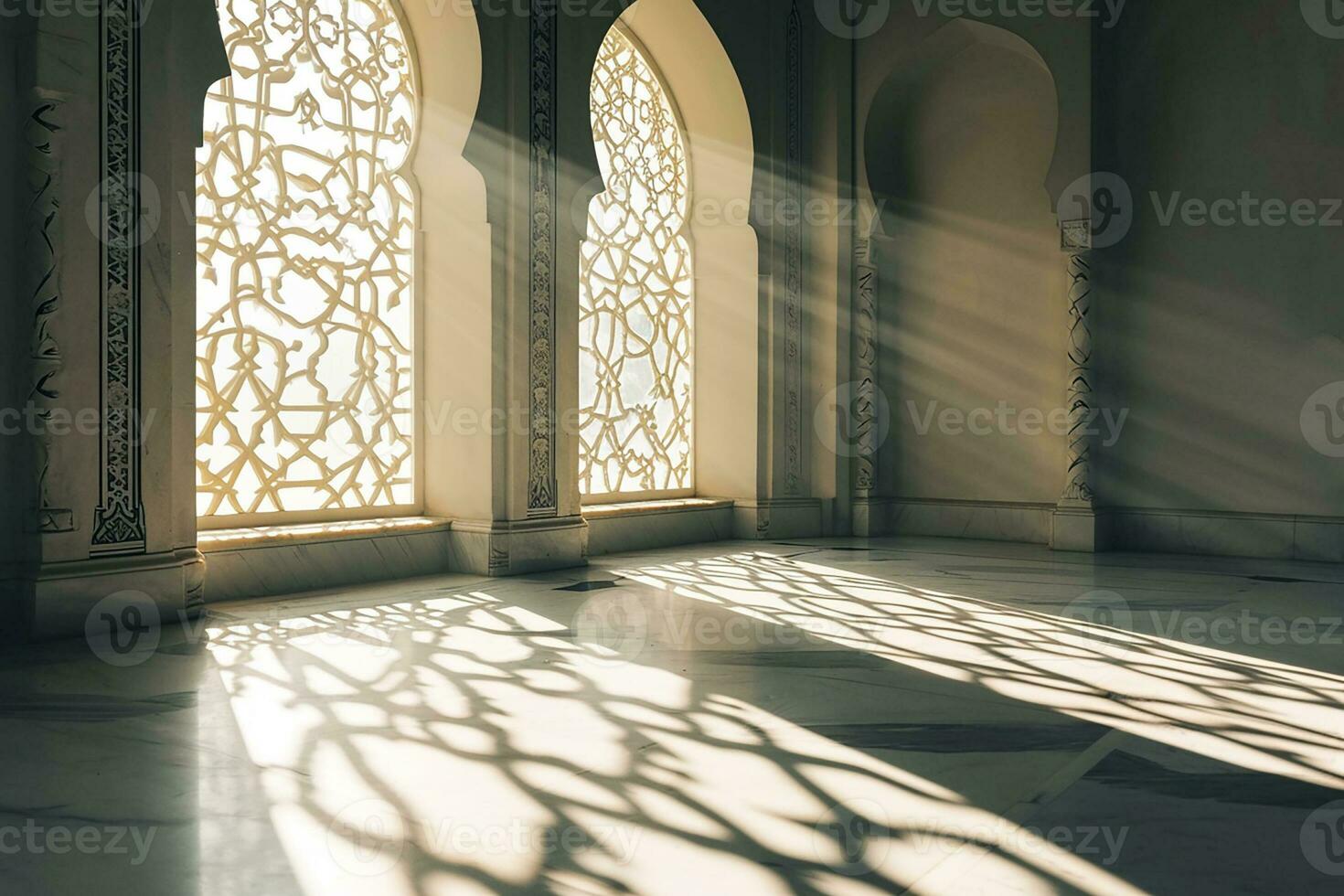 AI generated Islamic background light with mosque window ornament scene photo