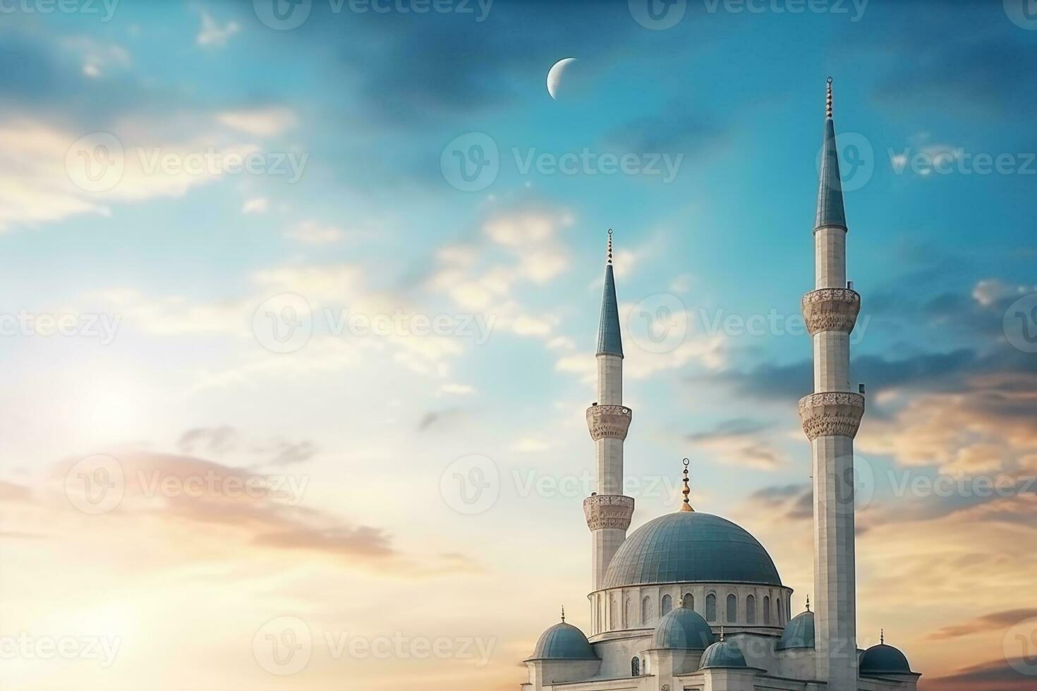 ai generado Ramadán kareem alto minaretes, mezquita Hazme y creciente y brillante estrella en el cielo. religioso antecedentes. foto