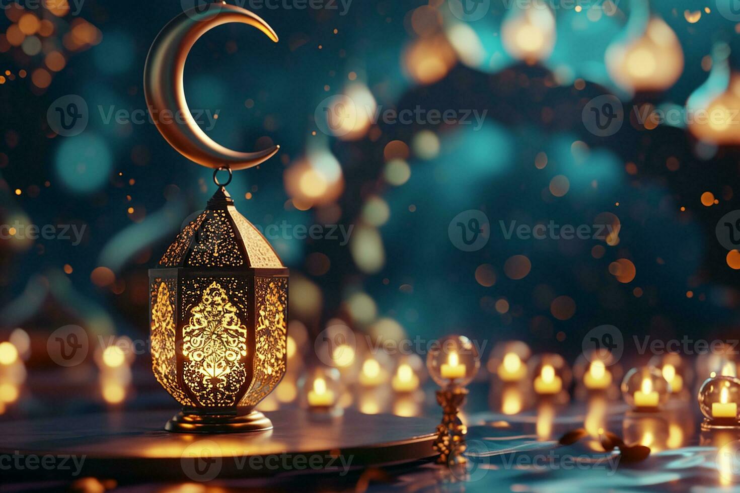 AI generated An illuminated Arabic colorful hanging Ramadan lantern photo