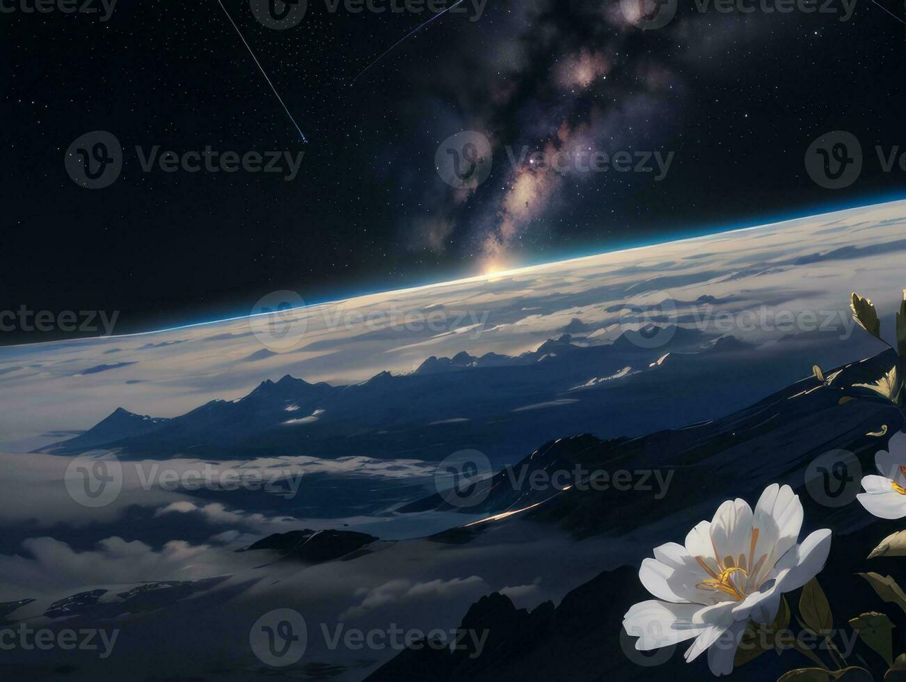 AI generated Orbiting Above Cloud Looking at the Celestial Starry Sky and Planet Far Beyond photo