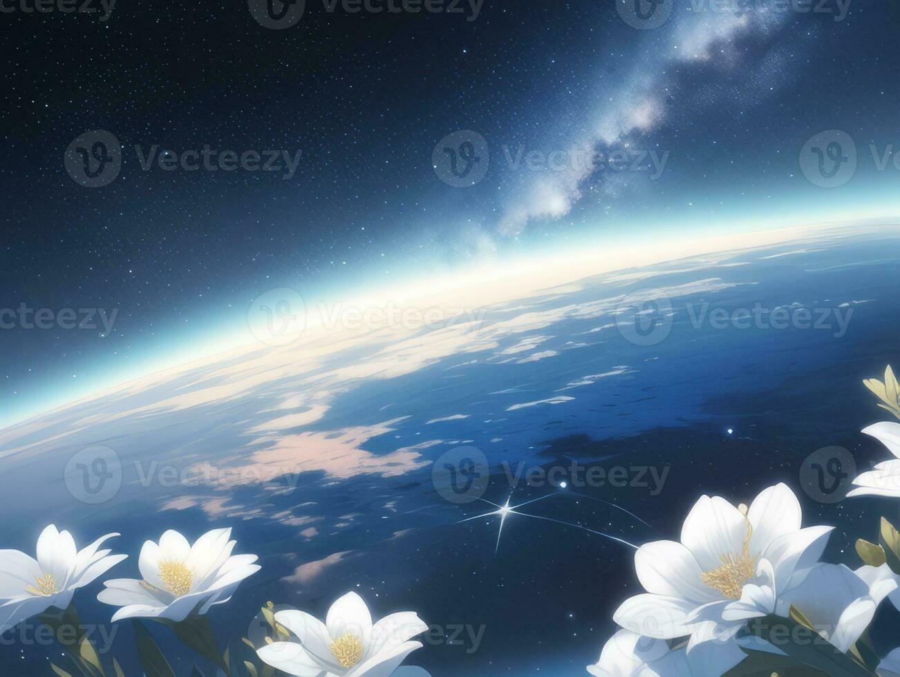 AI generated Orbiting Above Cloud Looking at the Celestial Starry Sky and Planet Far Beyond photo