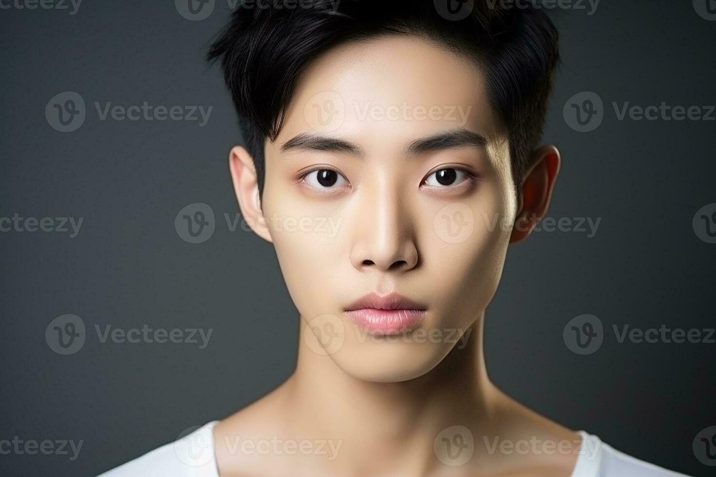 ai generado joven asiático hombre sin género maquillaje de los hombres productos cosméticos belleza salón foto