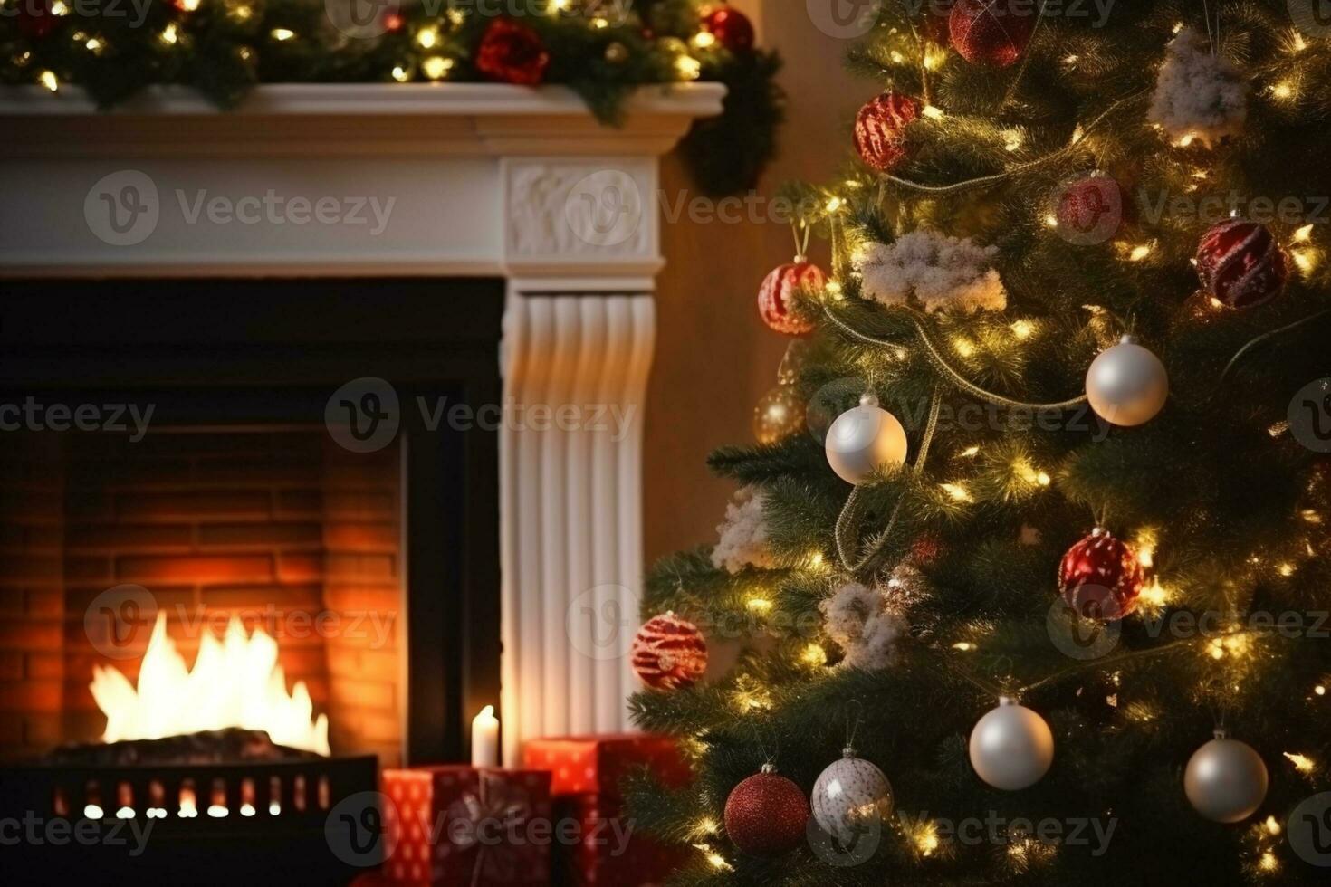 AI generated View of beautifully decorated christmas tree in home photo