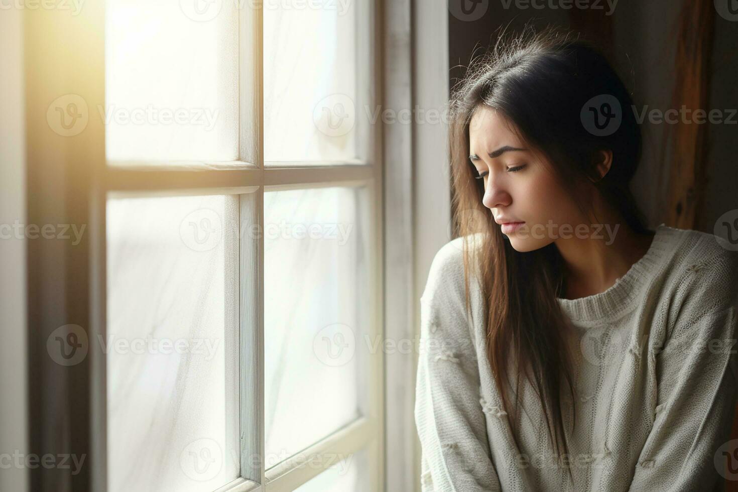 AI generated a depressed woman sitting on a window generative AI photo