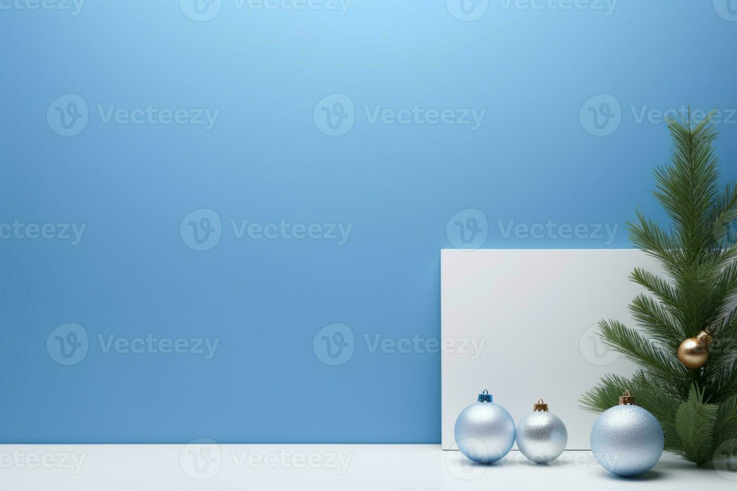 AI generated Christmas theme wooden podium pedestal or platform background with bokeh light and pine tree photo