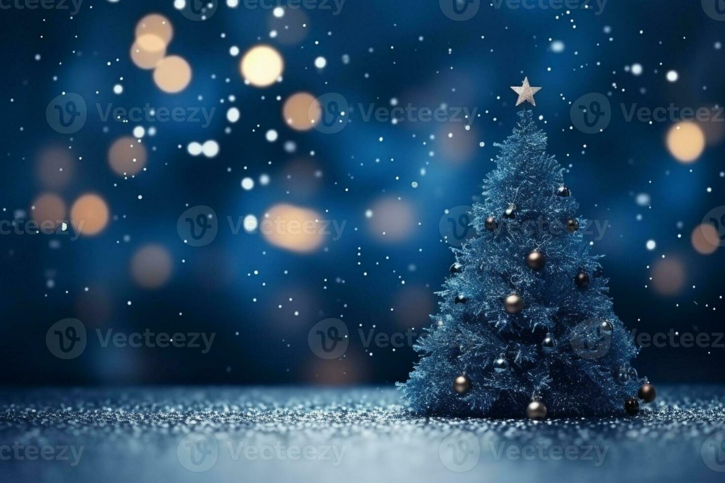 AI generated Blue Decorated christmas tree on wooden table and blue blurred background. Copy space photo