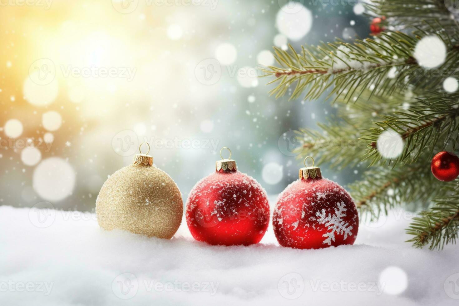 AI generated Merry christmas and happy new year, holidays greeting card with blurred bokeh background photo