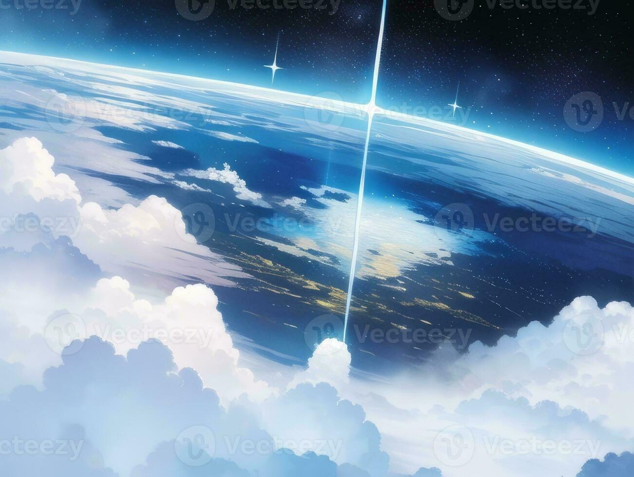 AI generated Orbiting Above Cloud Looking at the Celestial Starry Sky and Planet Far Beyond photo