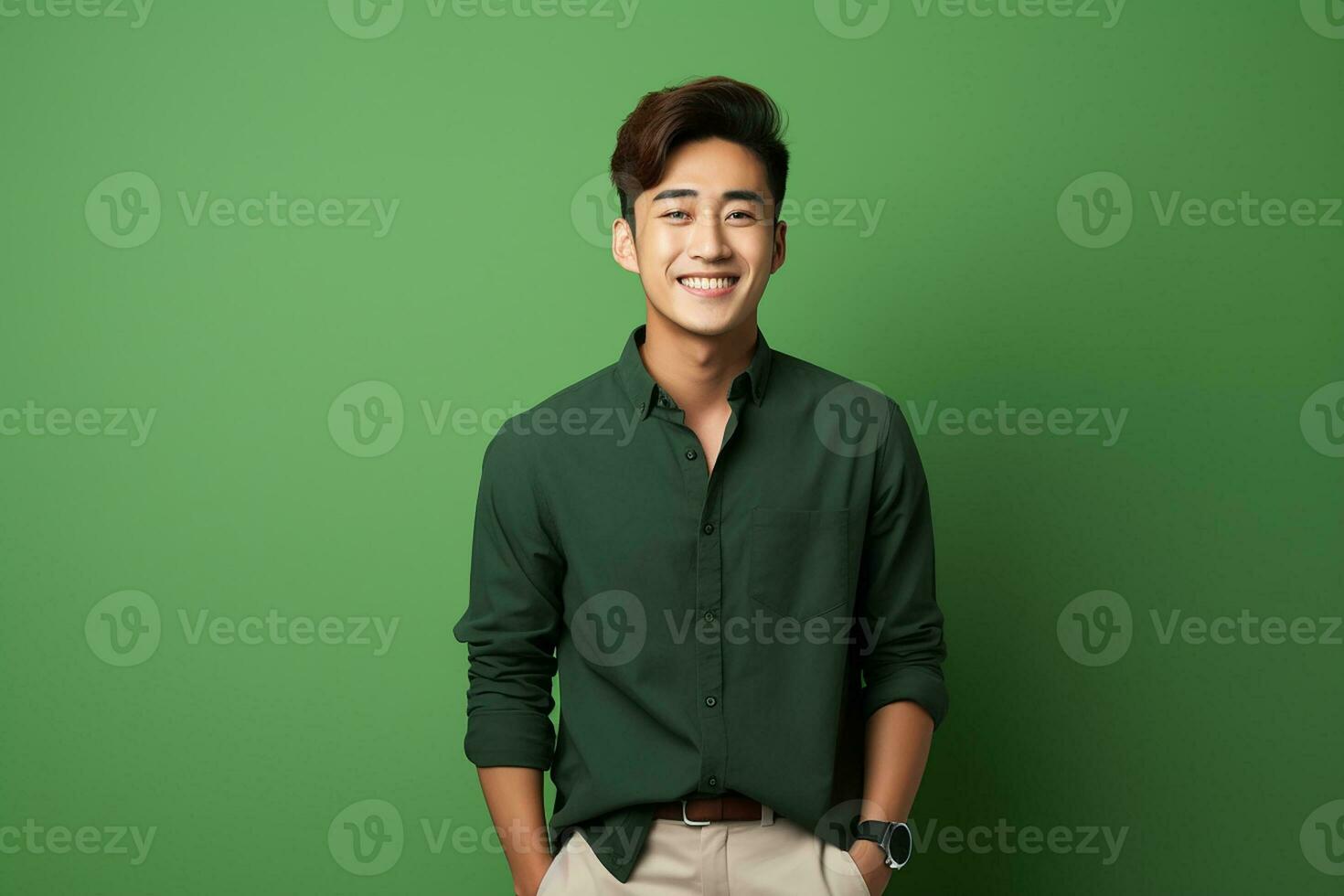 AI generated portrait of young asian man posing on green background photo