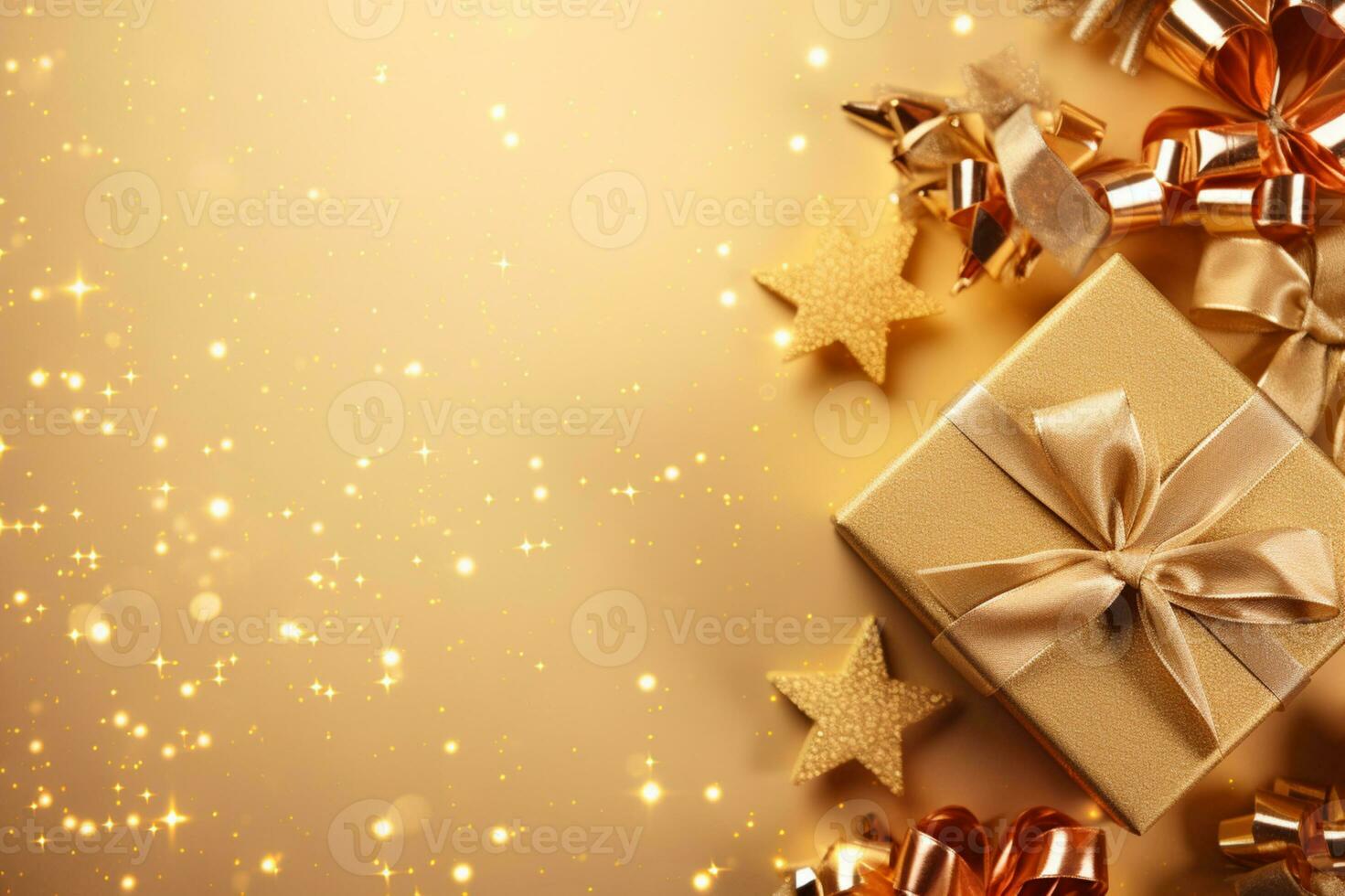 AI generated Christmas gift boxes with shiny lights background Copy space photo