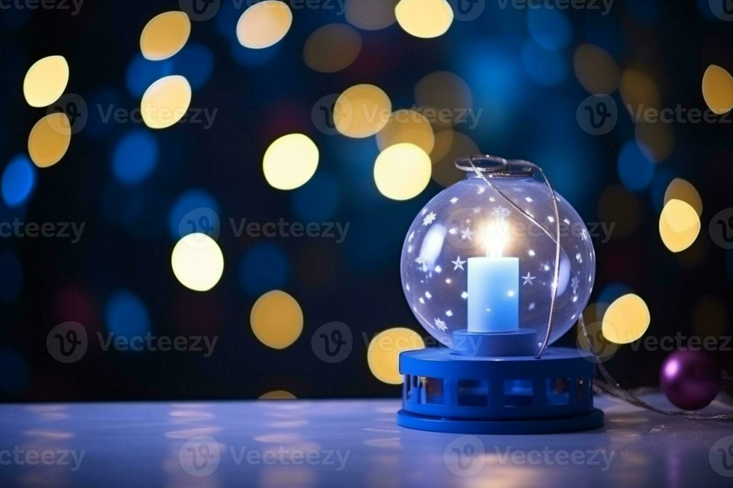 AI generated Christmas lantern with fir branch and decoration on snowy table defocused background photo