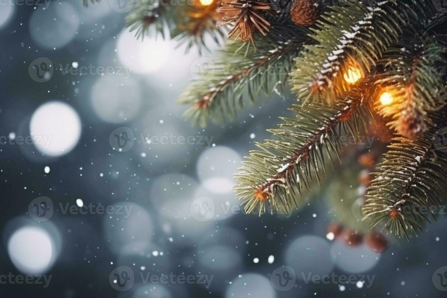 AI generated Snowflakes settling on pine branches under soft winter moonlight photo
