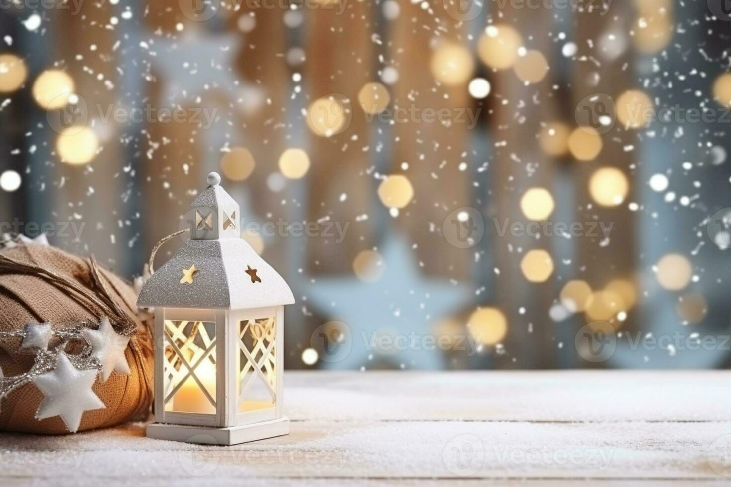 AI generated Christmas lantern with fir branch and decoration on snowy table defocused background photo