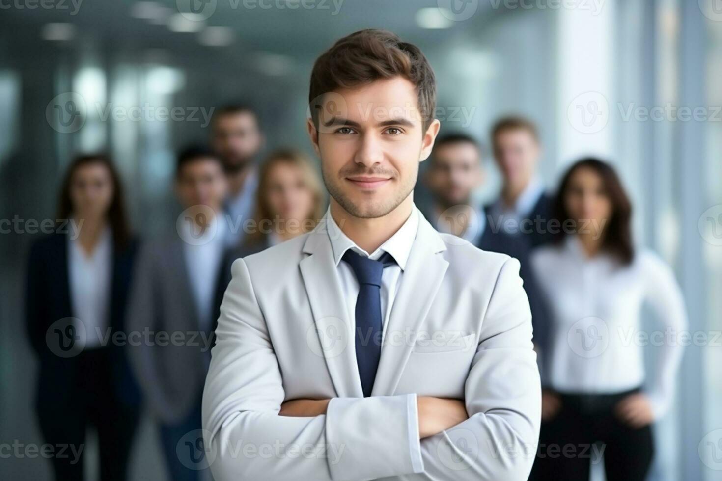 AI generated Businessman leader in modern office with businesspeople working photo