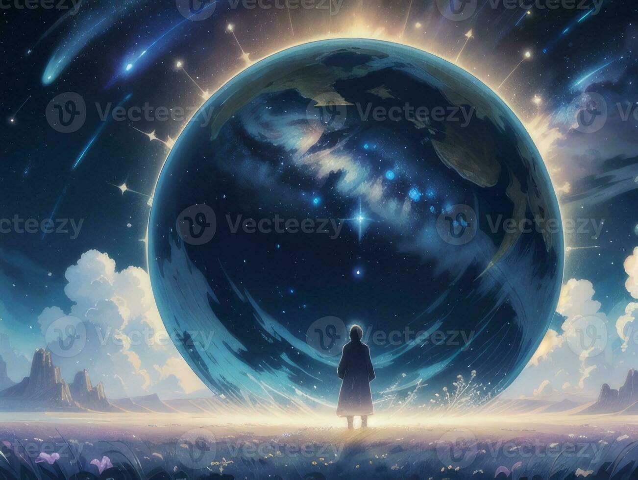 AI generated Mysterious Beautiful Planet On Starry Sky Illustration photo