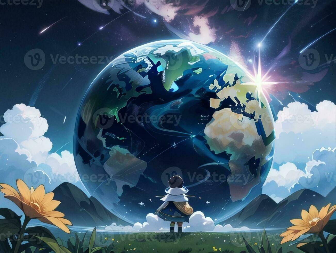 AI generated Mysterious Beautiful Planet On Starry Sky Illustration photo