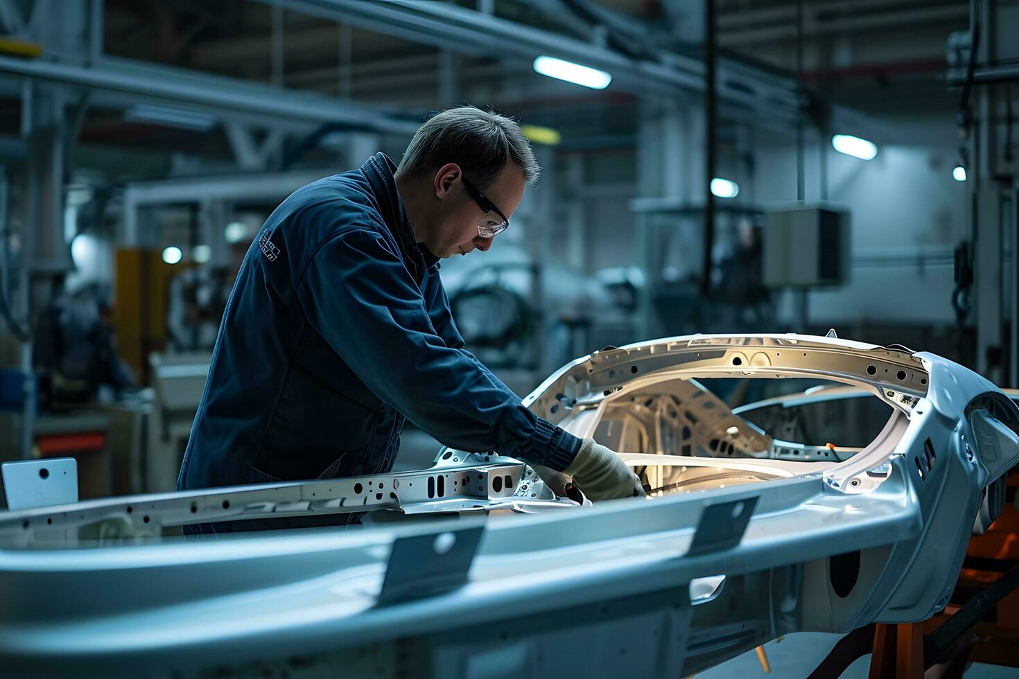 AI generated Automotive assembly line. A young man working on a car body in a factory photo