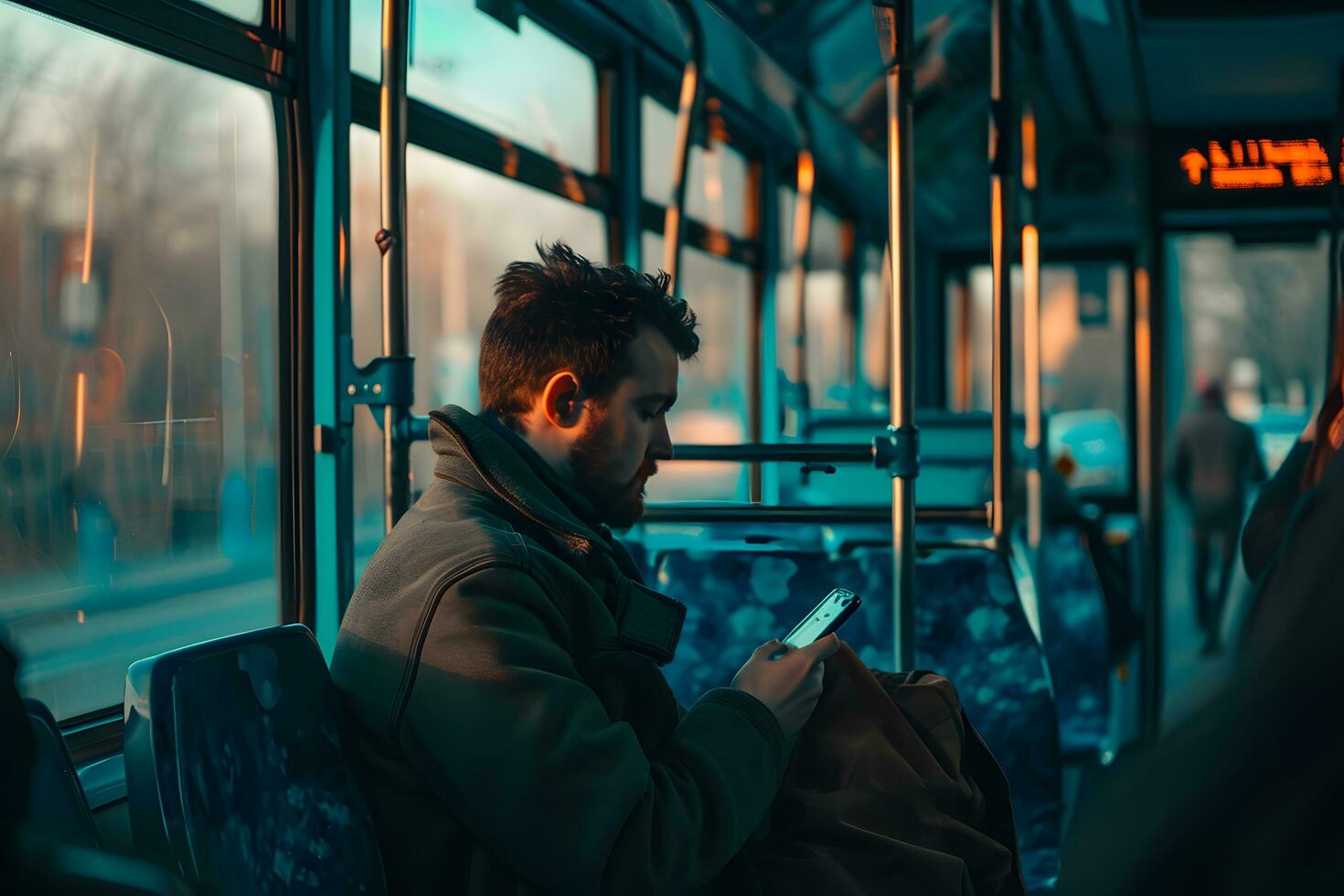 ai generado joven hombre utilizando móvil teléfono mientras montando en el autobús a noche foto