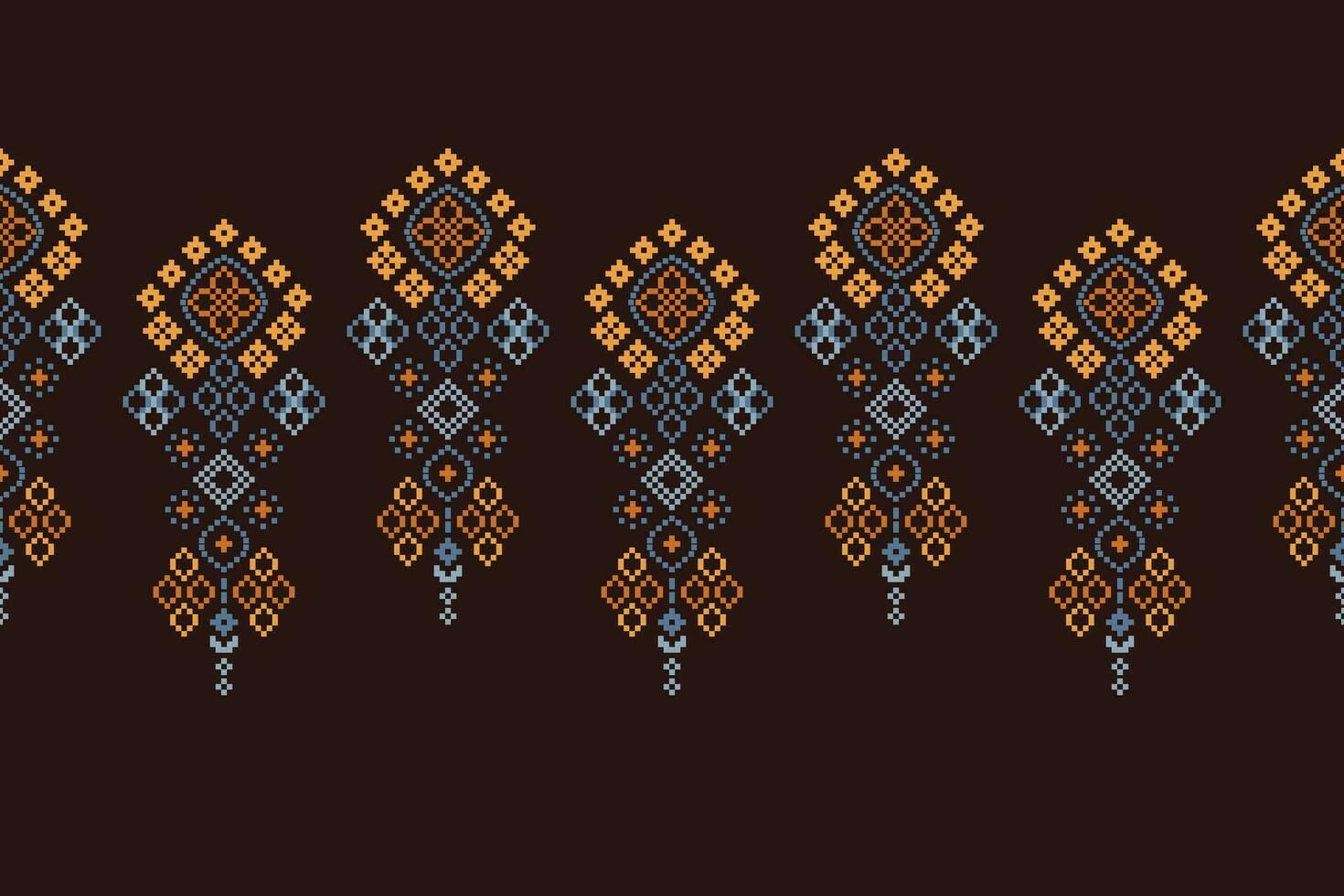 Ethnic geometric fabric pattern Cross Stitch.Ikat embroidery Ethnic oriental Pixel pattern brown background. Abstract,vector,illustration. Texture,clothing,scarf,decoration,carpet,silk wallpaper. vector