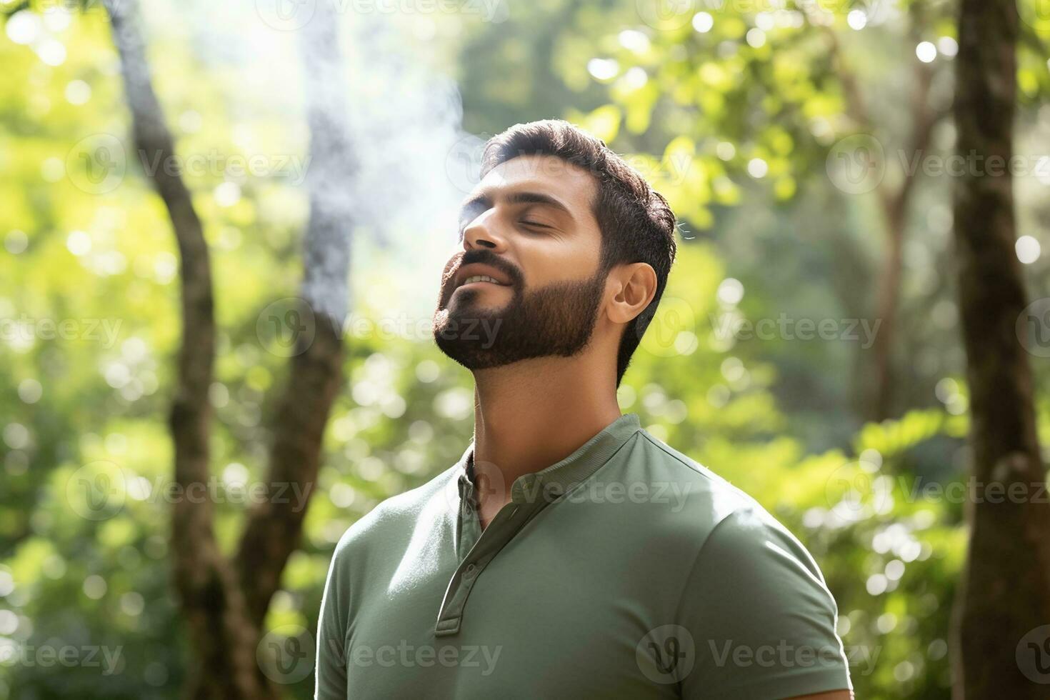 AI generated closeup portrait of sportsman in park with eyes closed breathing fresh photo