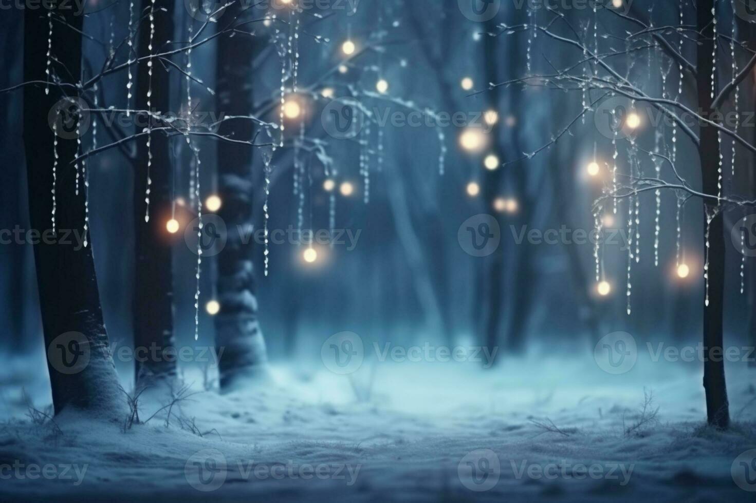 AI generated illuminated pine christmas tree snowy forest night photo