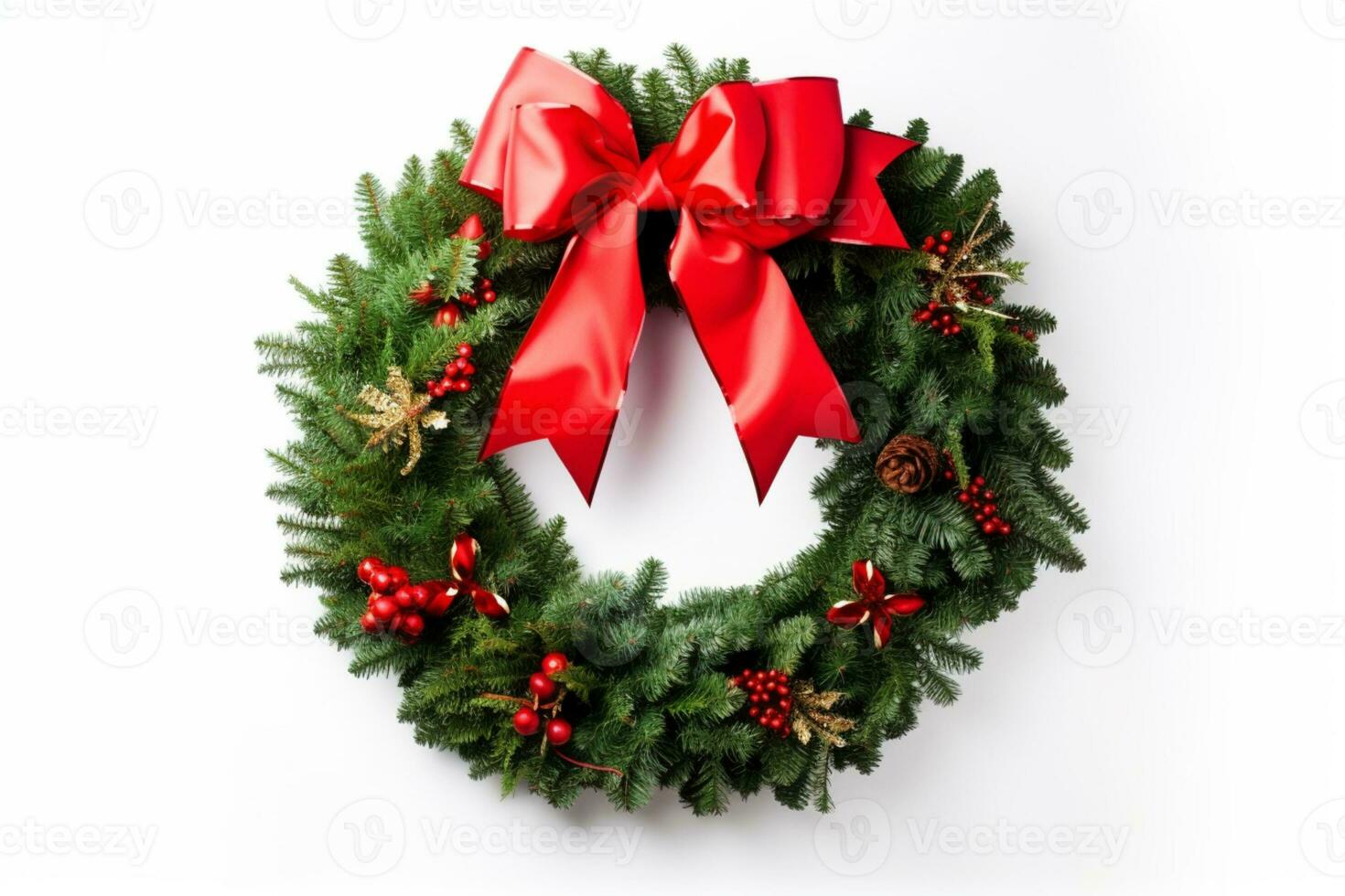 AI generated Christmas Wreath Made of Pine Branches and bauble on white background photo