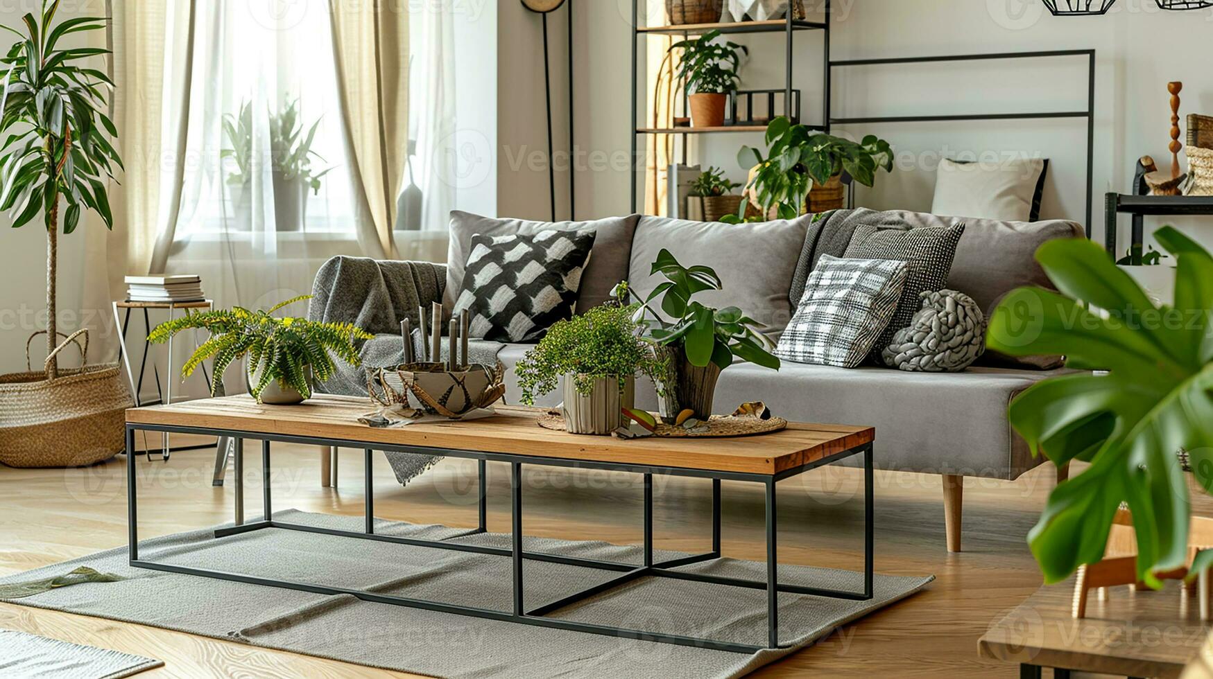 AI generated living room interior design with sofa minimal aesthetic 3d rendered photo