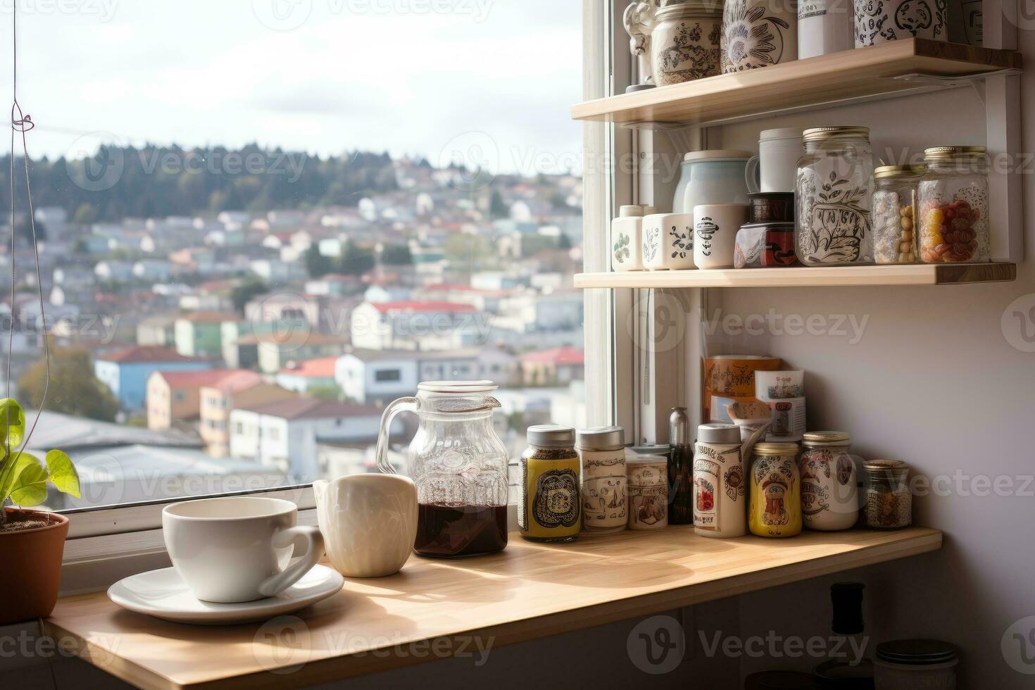 AI generated minimalist kitchen small pantry morning view professional advertising photography photo