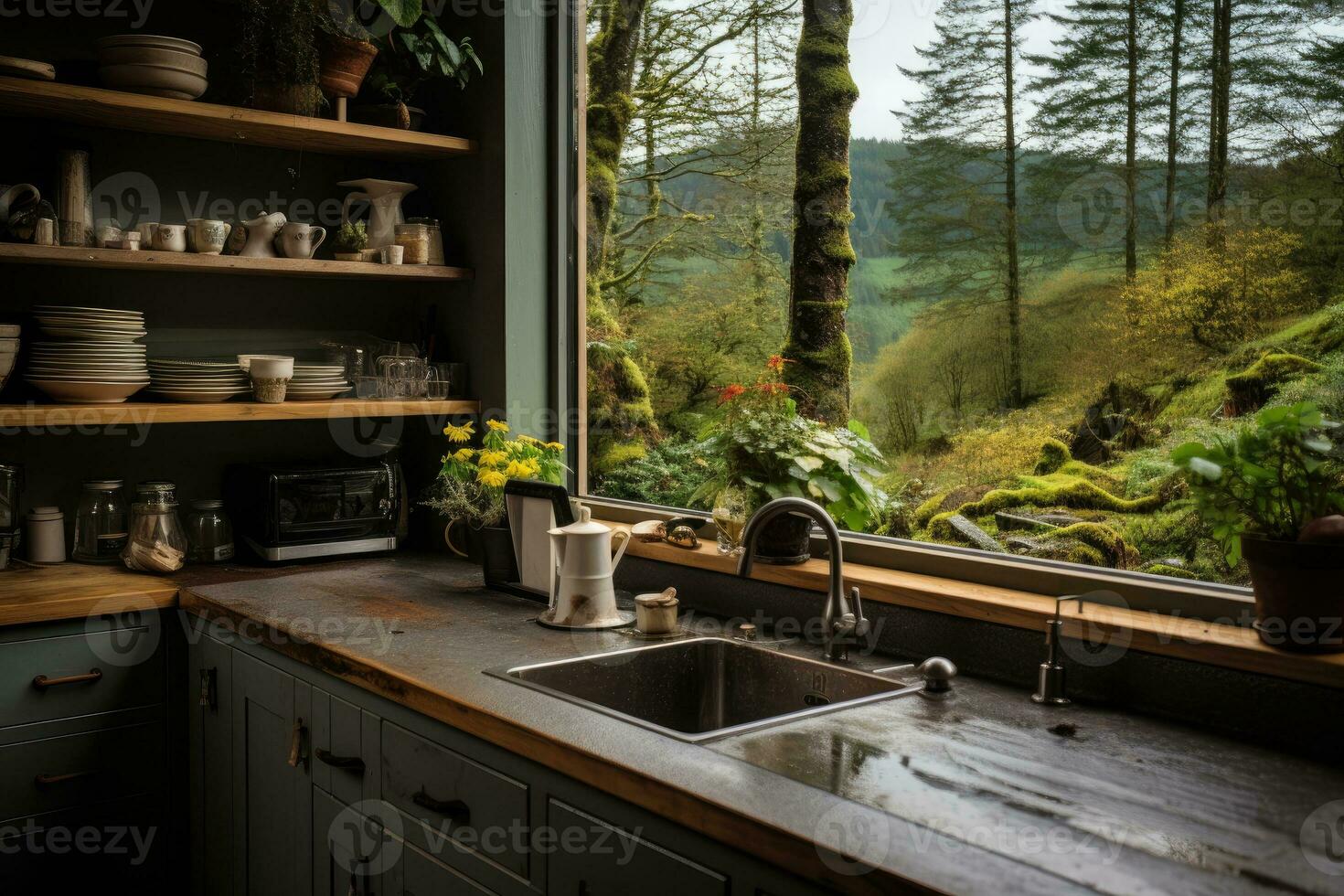 AI generated minimalist kitchen small pantry morning view professional advertising photography photo