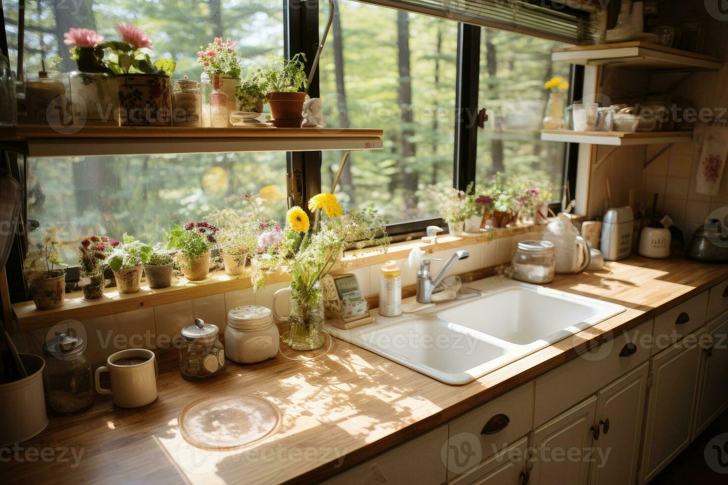 AI generated minimalist kitchen small pantry morning view professional advertising photography photo