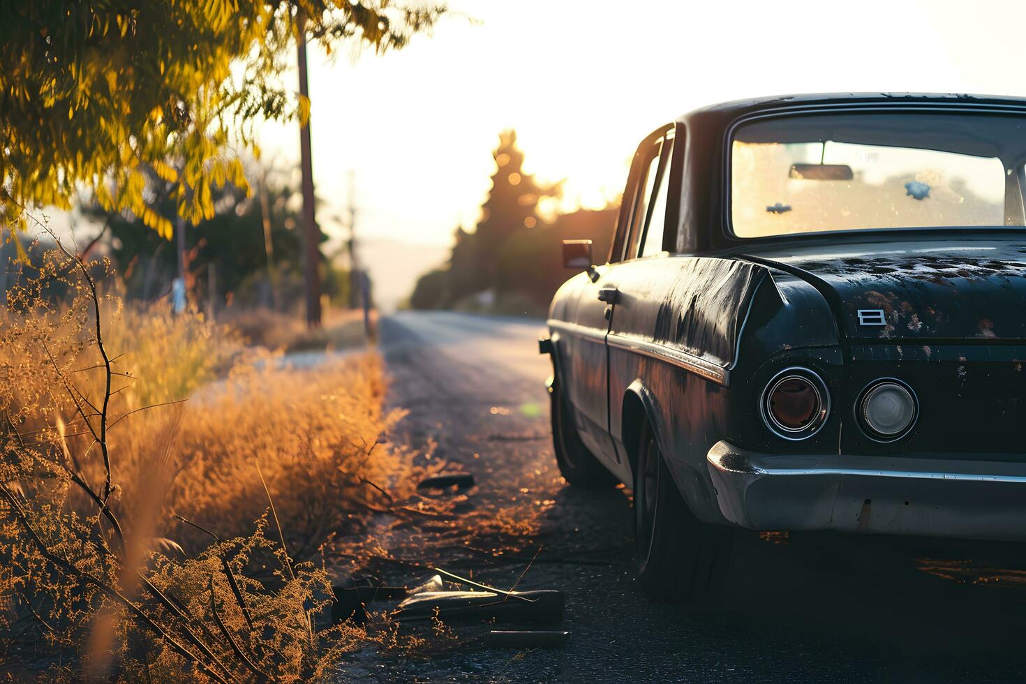 ai generado abandonado antiguo coche en el la carretera. retro coche a puesta de sol foto