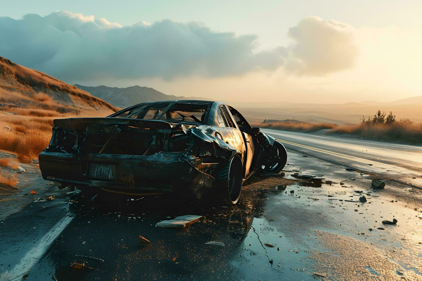 AI generated Car accident on the road in the mountains at sunset photo