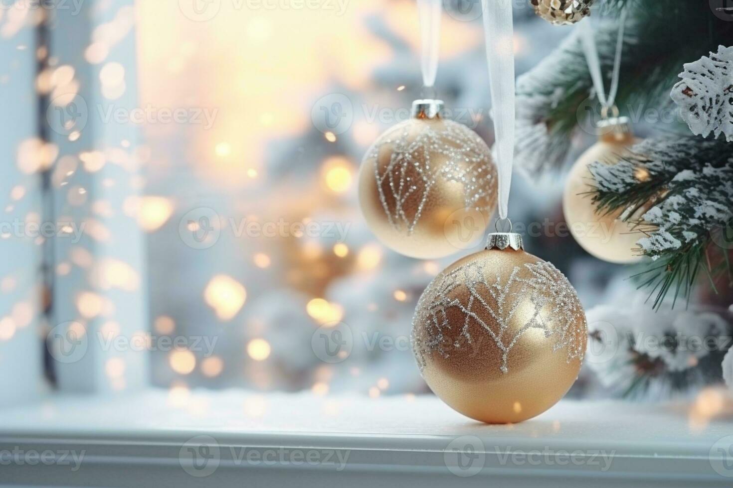 AI generated Christmas lantern with fir branch and decoration on snowy table defocused background photo