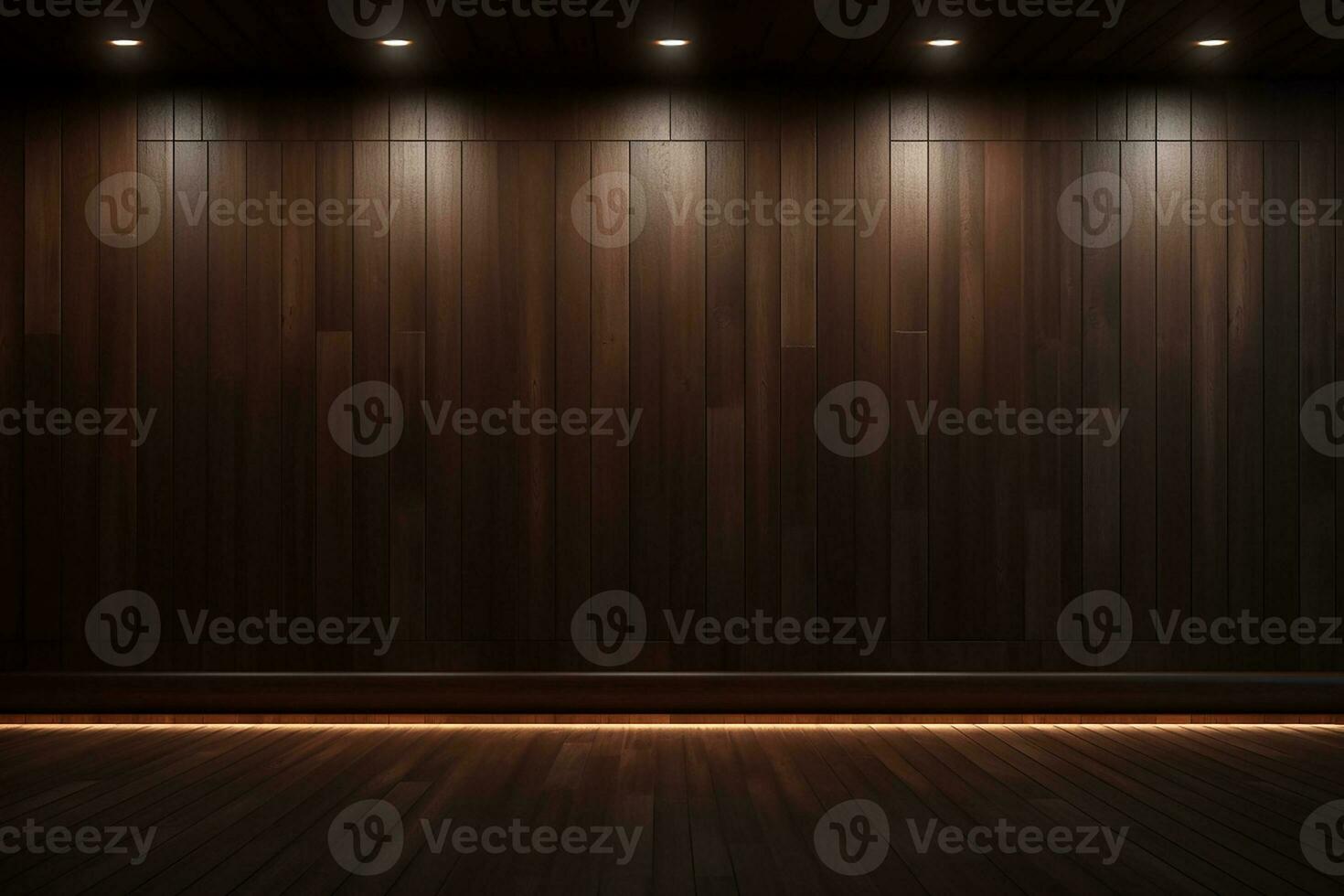 AI generated 3d rendered empty wooden room with lights and copy space photo