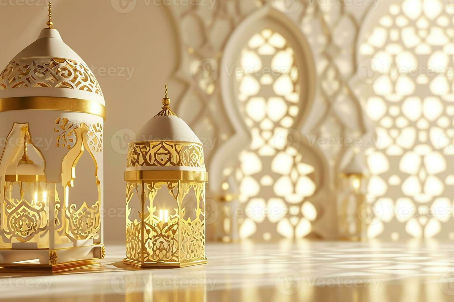 AI generated 3d rendered Ornamental Arabic lantern glowing invitation for Muslim holy month Ramadan Kareem photo