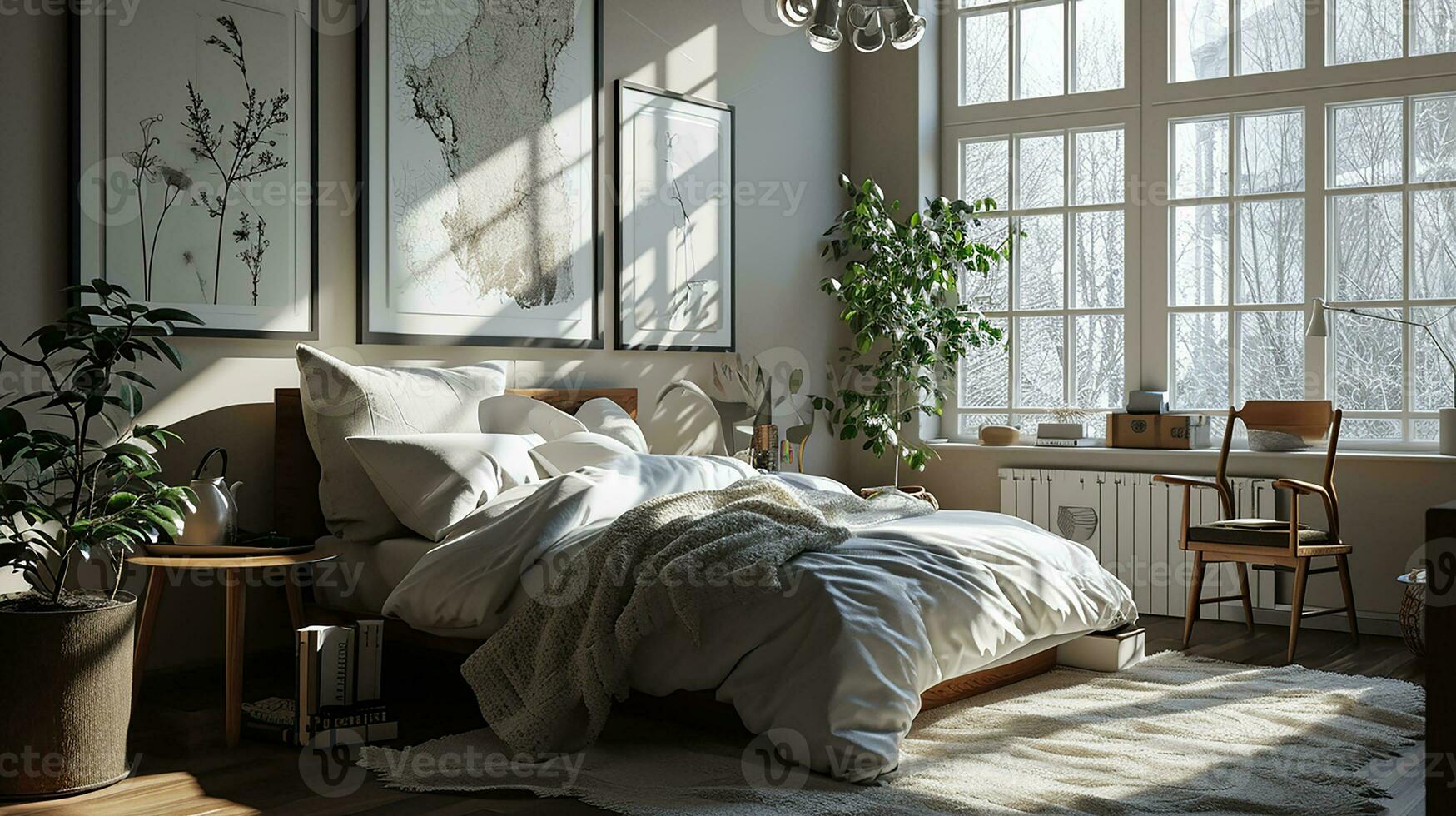 AI generated Bedroom interior design minimal aesthetic 3d rendered photo