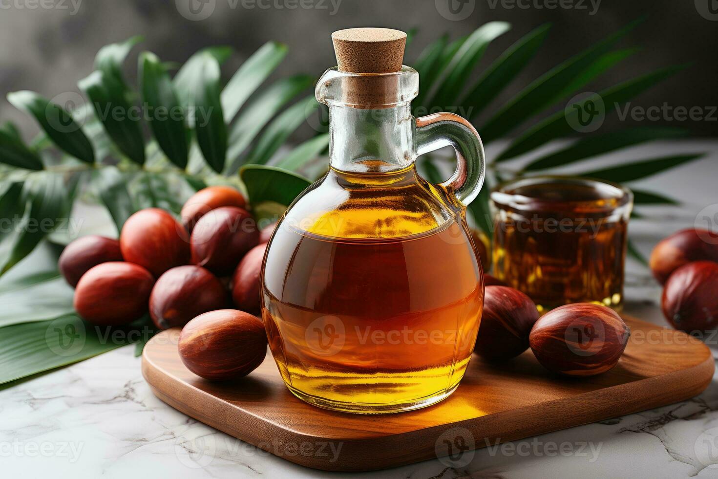 AI generated Palm oil extract with isolated kitchen table professional advertising food photography photo