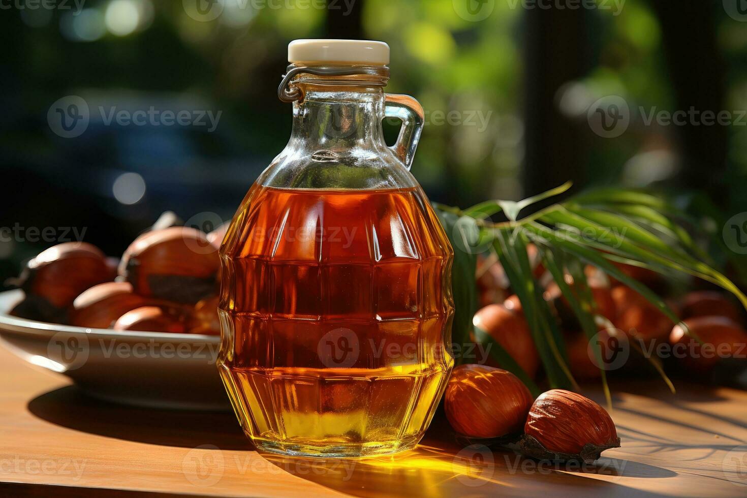 AI generated Palm oil extract with isolated kitchen table professional advertising food photography photo