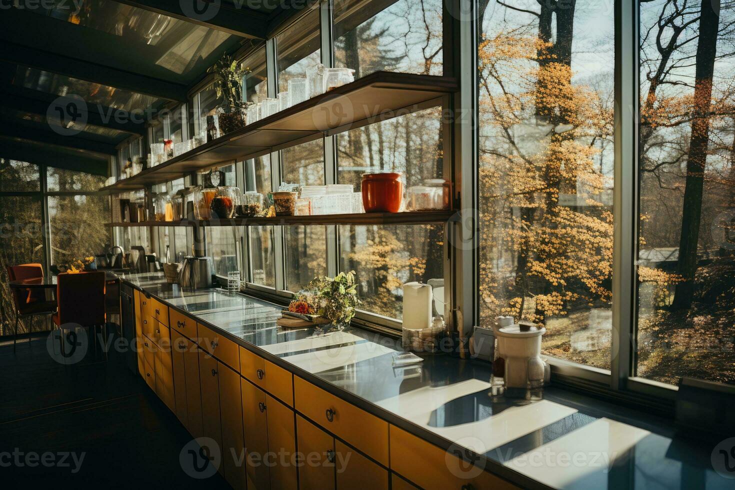 AI generated minimalist kitchen small pantry morning view professional advertising photography photo