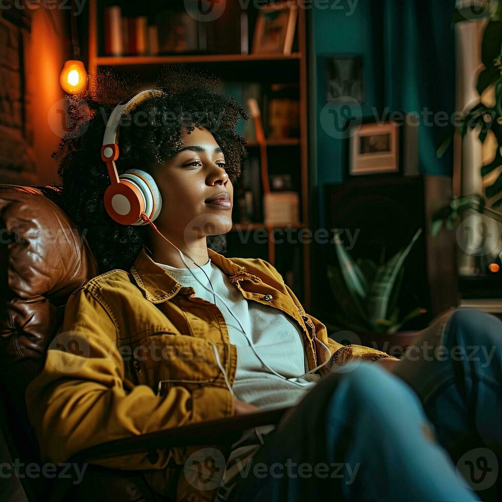 AI generated Happy woman in headphone and listening to music, podcast, audiobook. photo