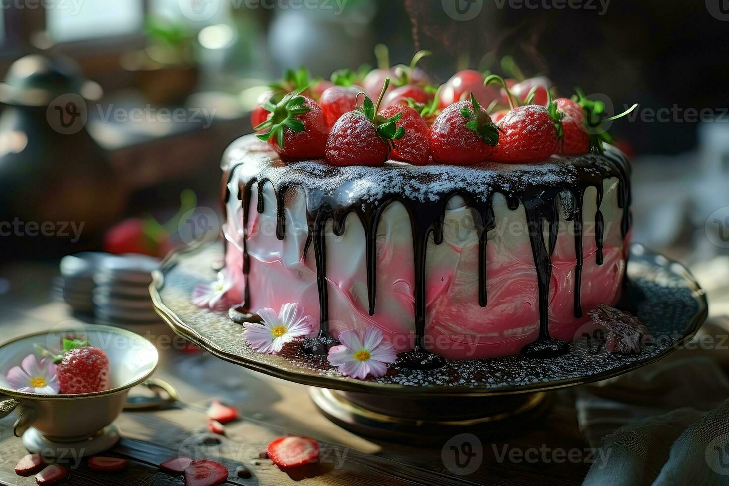 AI generated photo of strawberry chocolate cake isolated kitchen table professional advertising food photography