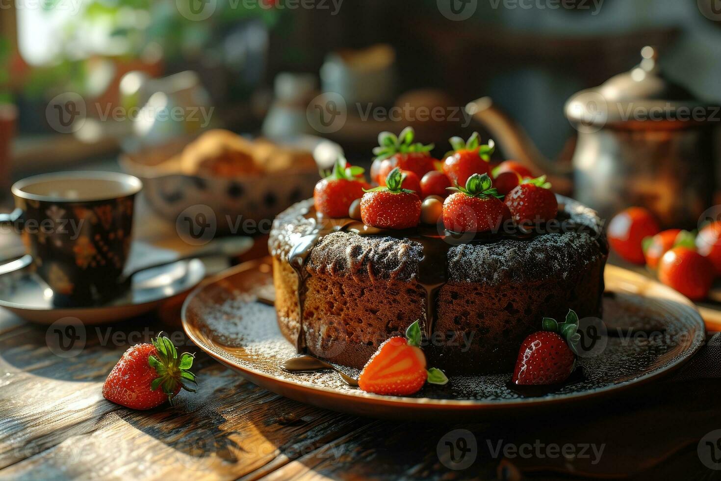 AI generated photo of strawberry chocolate cake isolated kitchen table professional advertising food photography