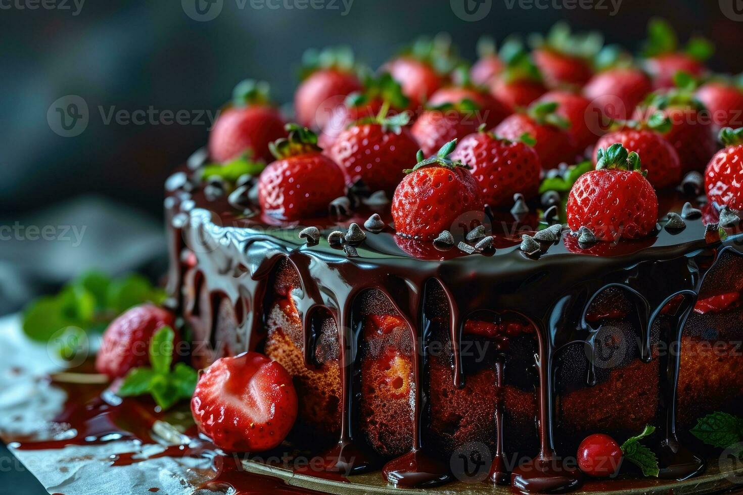 AI generated photo of strawberry chocolate cake isolated kitchen table professional advertising food photography