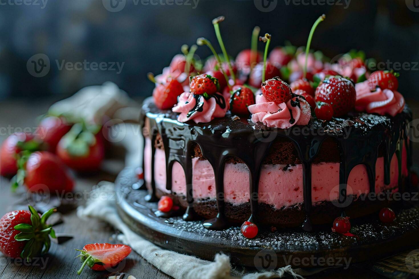 AI generated photo of strawberry chocolate cake isolated kitchen table professional advertising food photography