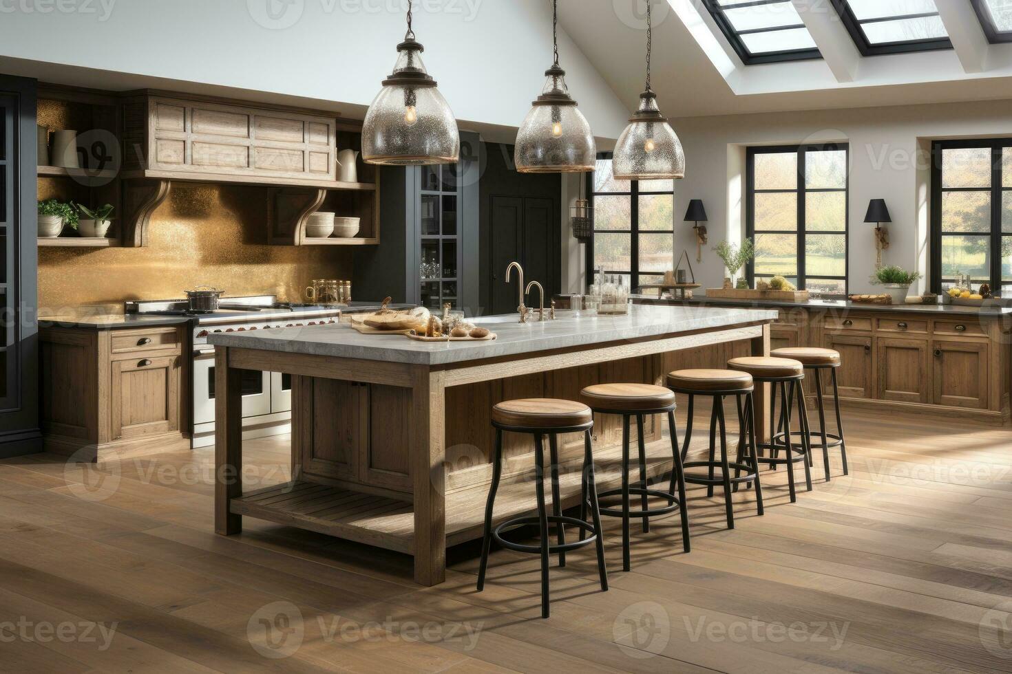 AI generated modern style natural wood kitchen professional advertising photography photo