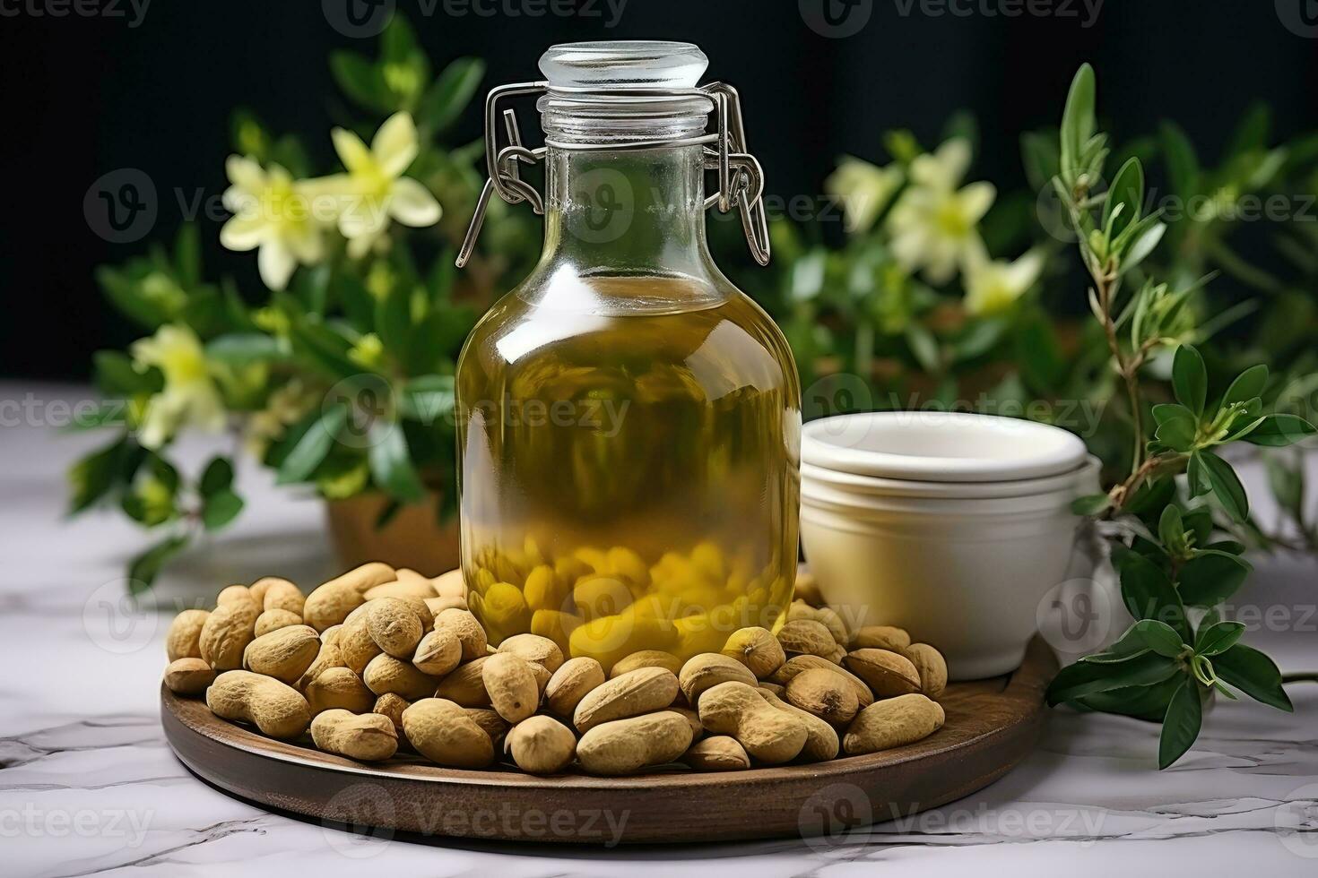 AI generated stock photo of peanut oil extract in the kitchen table professional advertising food photography
