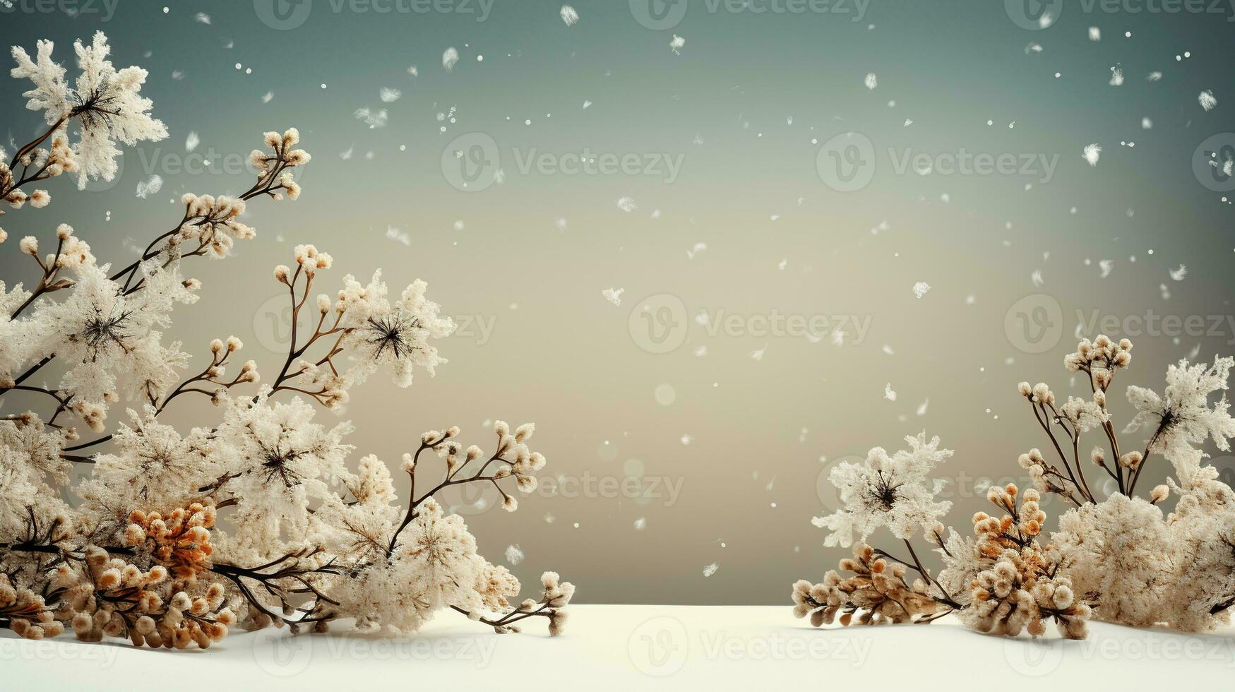 AI generated minimalistic winter background in beige shades with thin branches and flowers photo